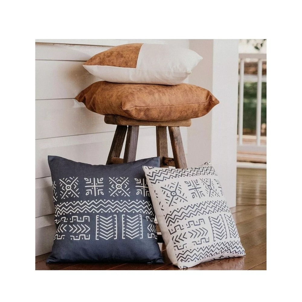 Set of 4 Pillow Covers 18"x18" Vegan‎ Leather Aztec Blue Cream Decorative
